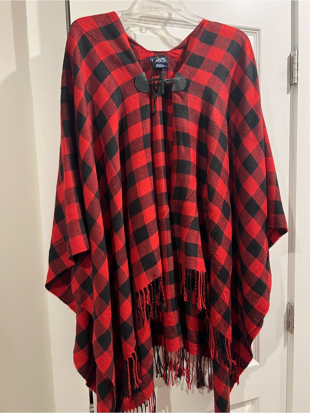 Chaps Red and Black Buffalo Plaid Fringe Poncho Cover